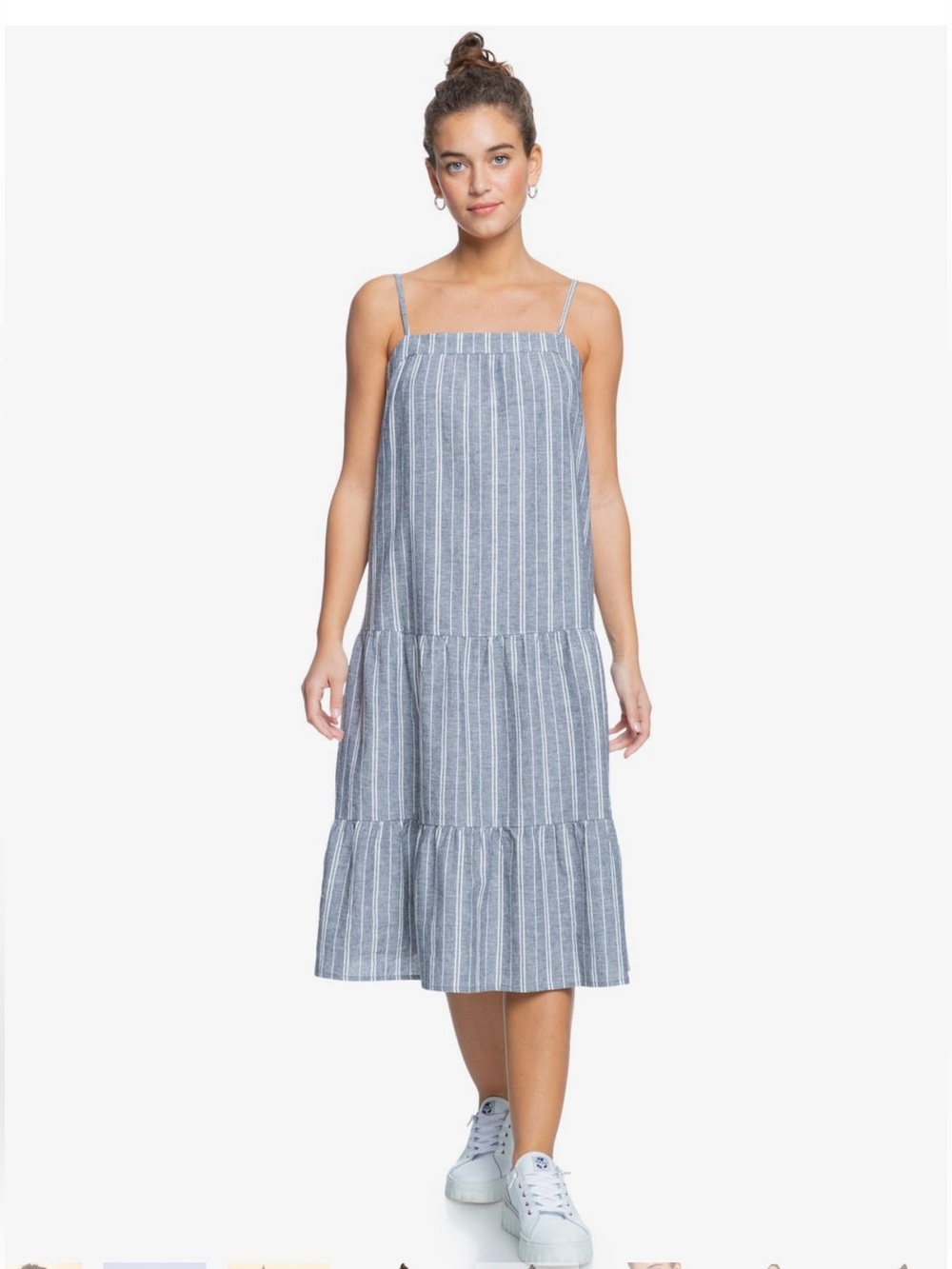 Roxy Gold Allure Blue Striped Strappy Tiered Midi Dress Size M